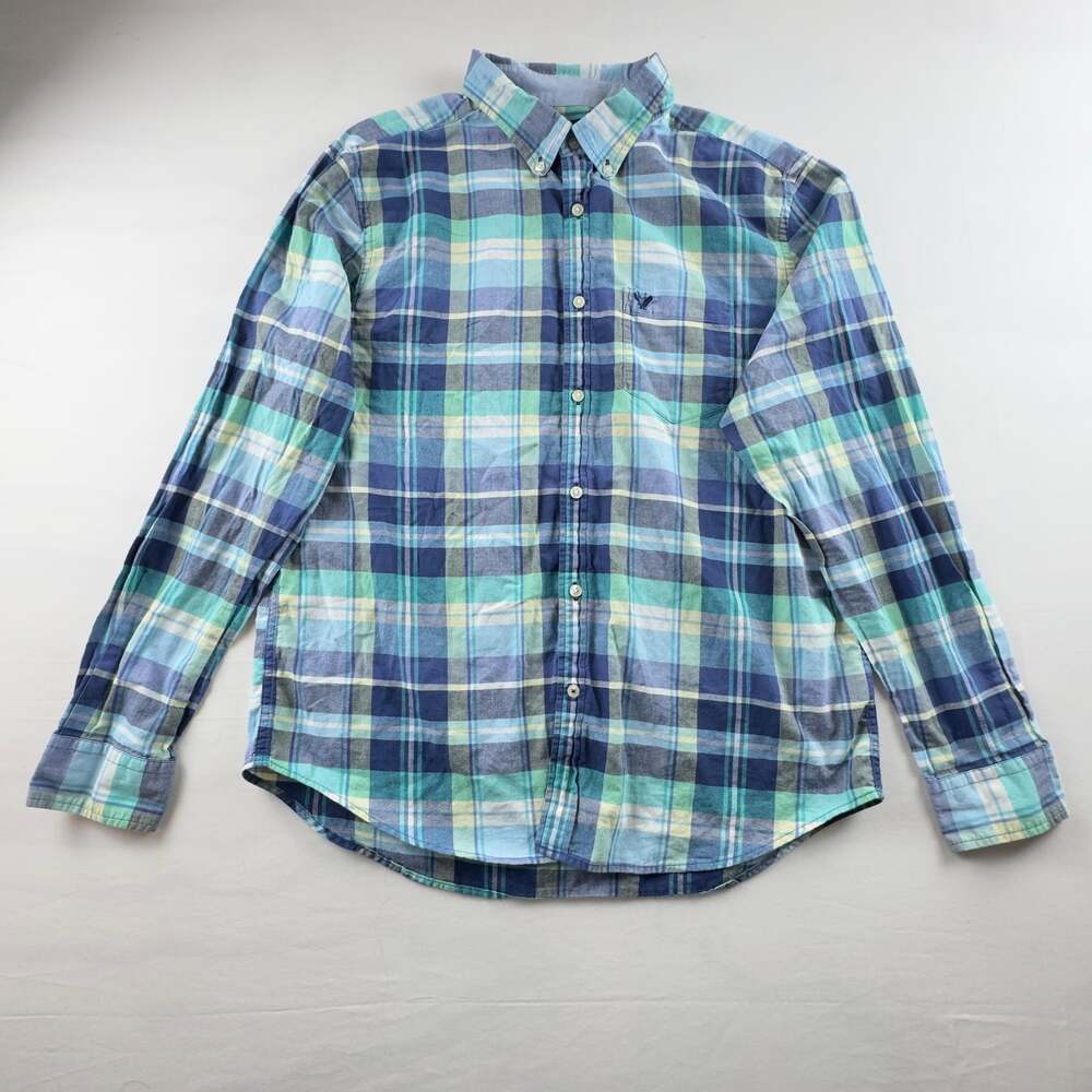 American Eagle Outfitters Men's XL Classic Fit Blue Plaid Long Sleeve Button